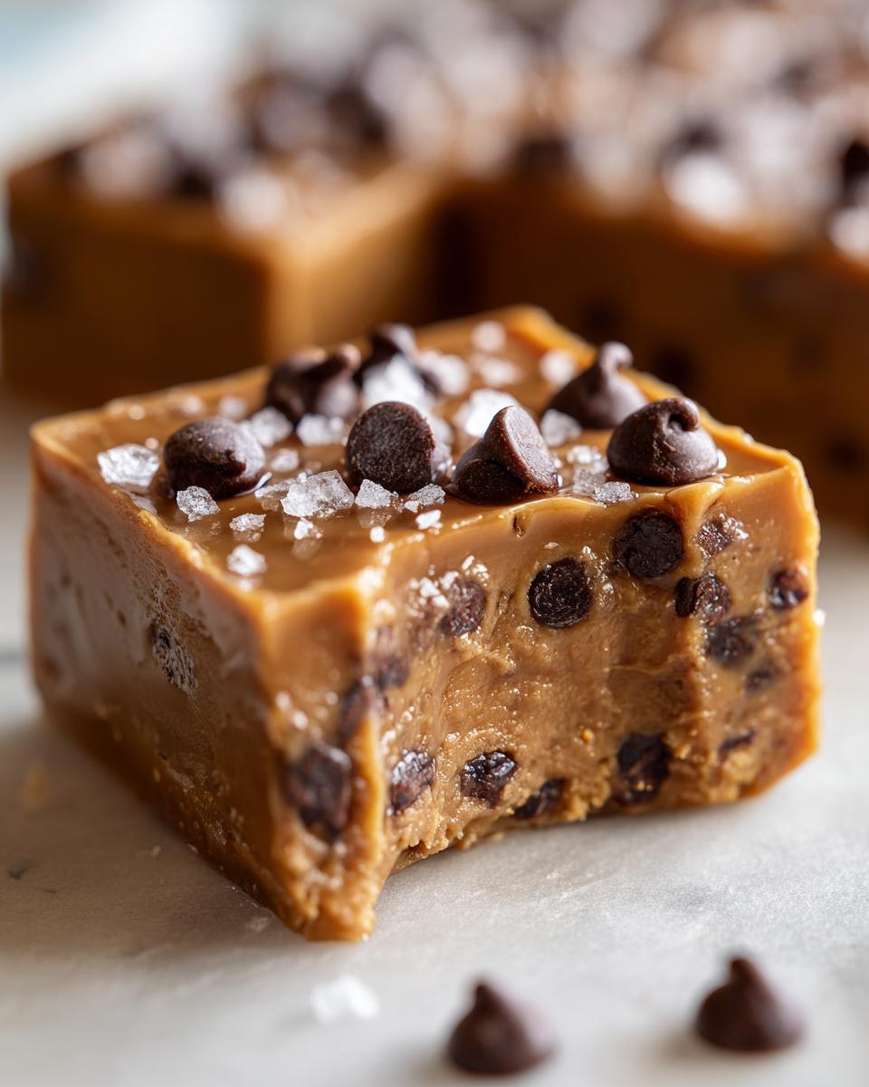 A square piece of rich, chewy salted caramel fudge with chocolate chips mixed in and topped with sea salt.