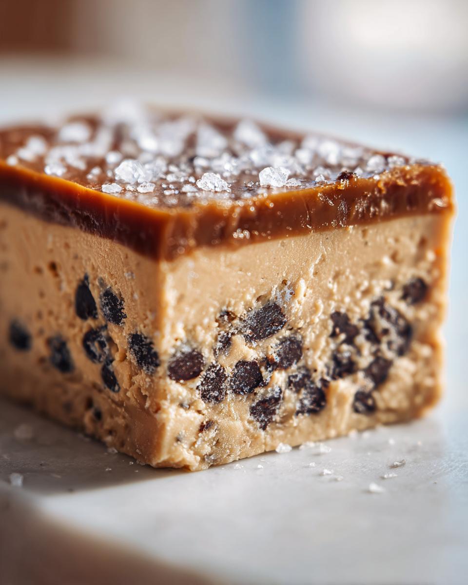 A close-up of a single piece of salted caramel fudge loaded with chocolate chips and topped with flaky sea salt.