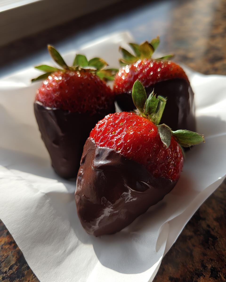 Close-up of three fresh chocolate covered strawberries resting on white paper, highlighting the glossy dark chocolate coating.
