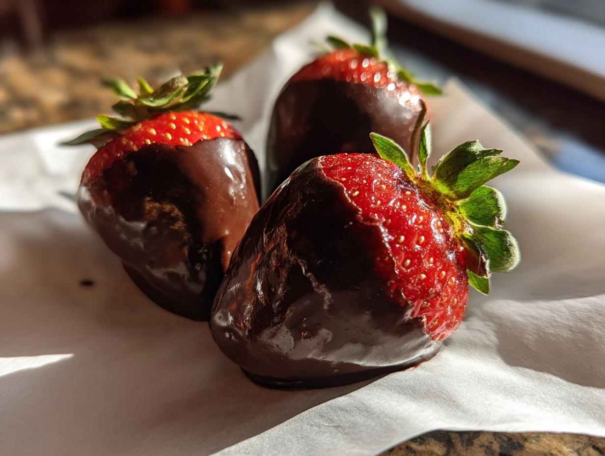 Three glossy chocolate covered strawberries resting on white parchment paper, showing bright red fruit and green tops.