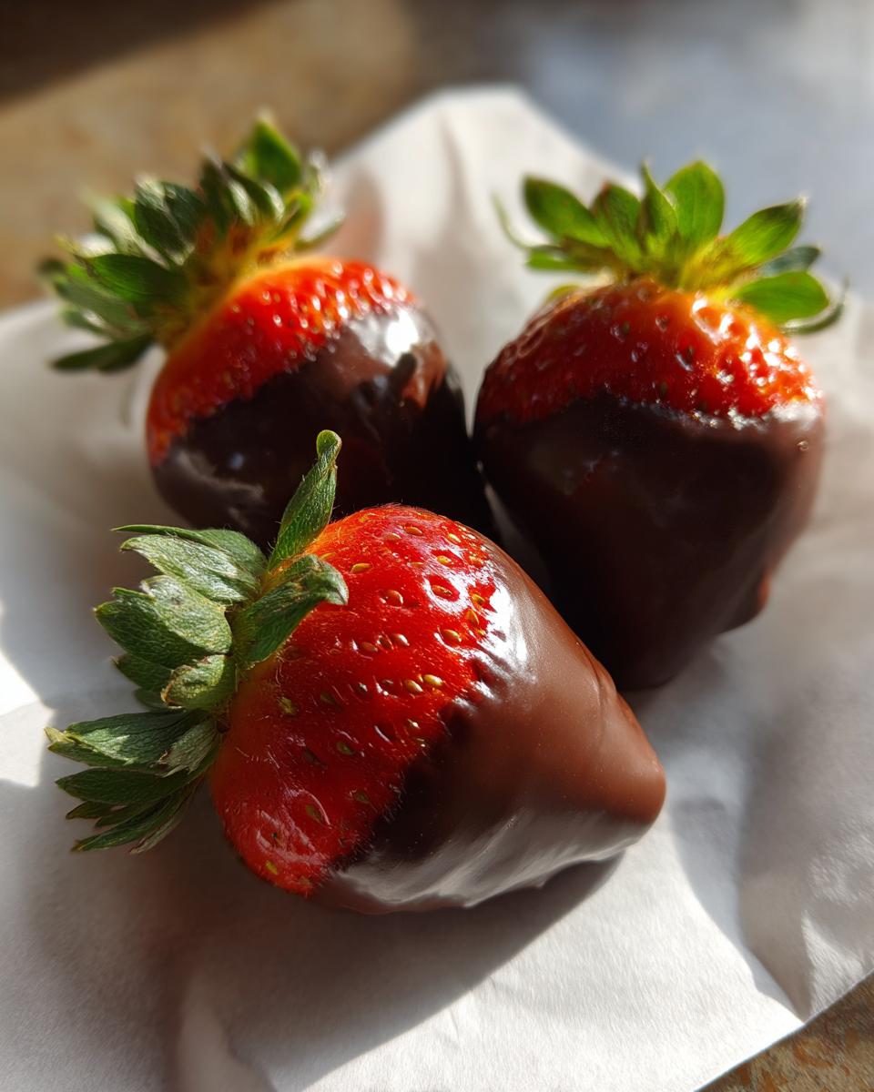 Three fresh, ripe chocolate covered strawberries resting on white parchment paper in bright sunlight.