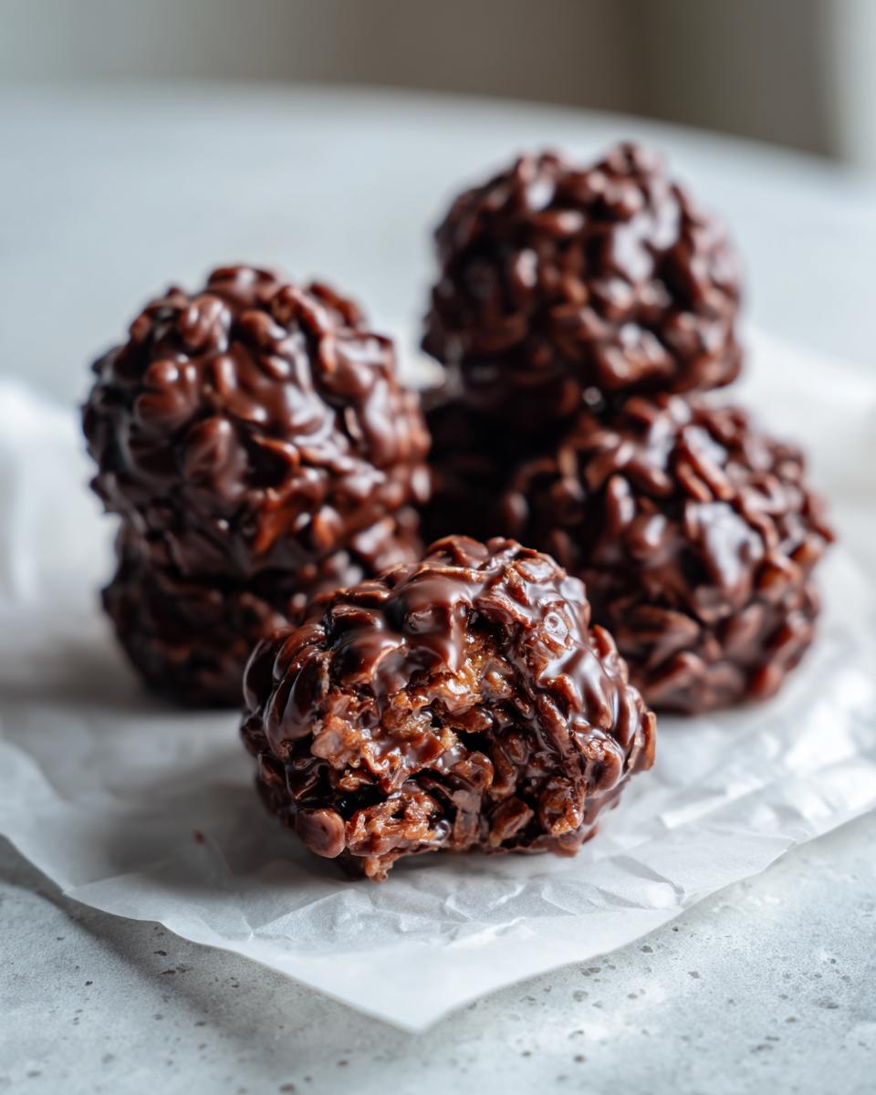 A close-up showing several glossy chocolate rice krispie balls, with one bitten into, revealing the crispy texture inside.
