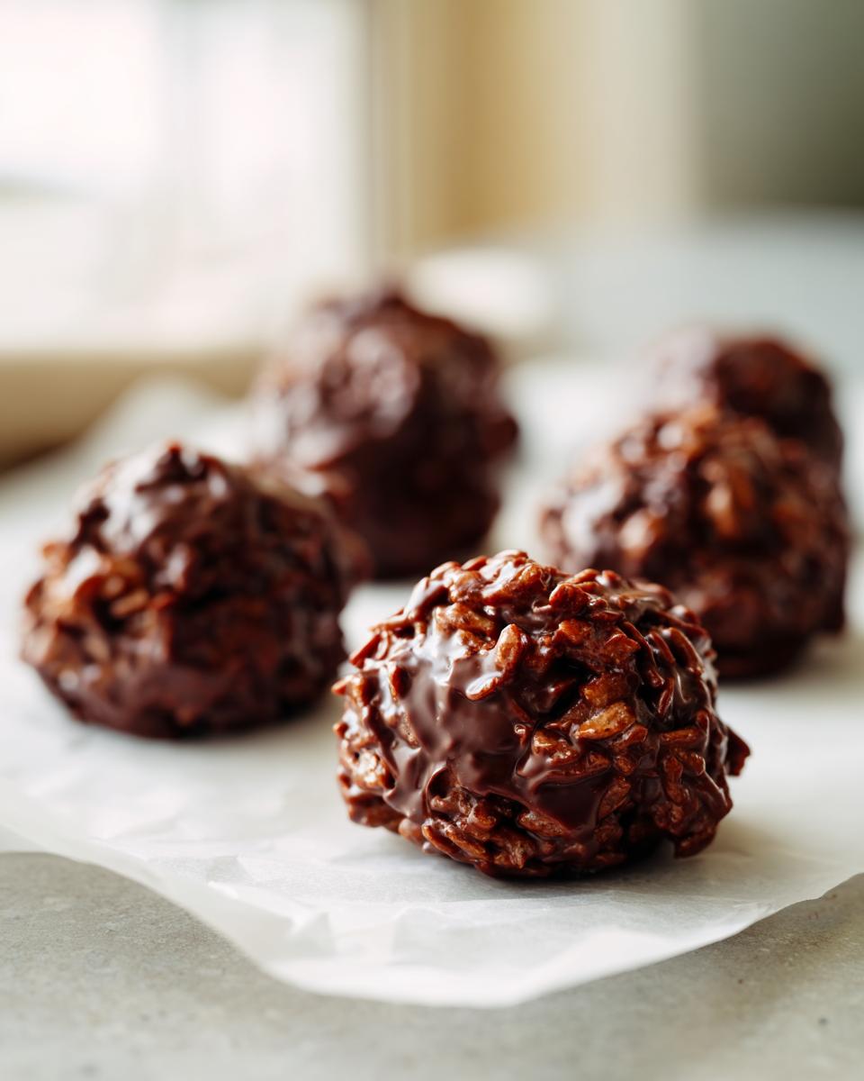 A close-up, shallow depth-of-field photo of several gooey chocolate rice krispie balls resting on white parchment paper.