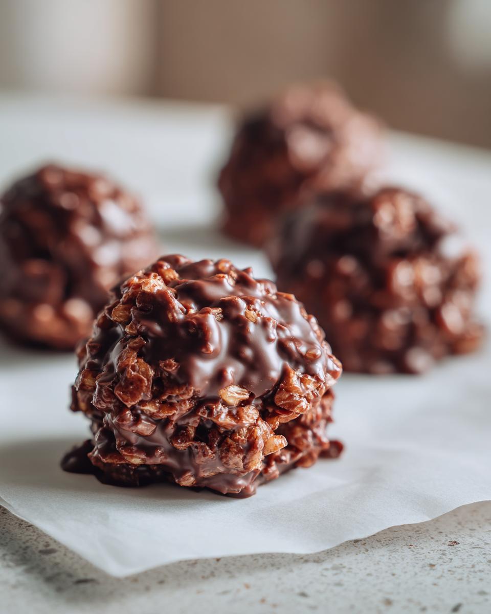 A close-up of a gooey, freshly made chocolate rice krispie balls resting on parchment paper.