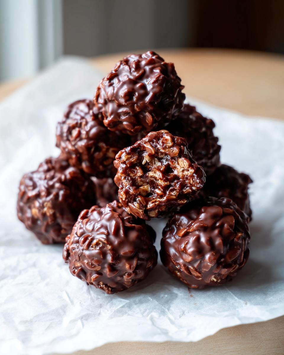 A stack of rich, glossy chocolate rice krispie balls, one broken open showing the crispy texture inside.