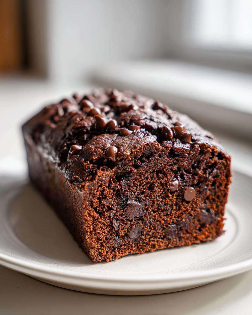 A freshly baked loaf of rich, dark chocolate zucchini bread topped with melted chocolate chips, sitting on a plate.