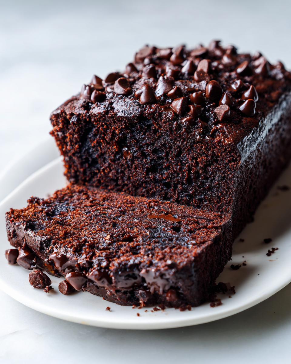 A rich, dark slice of chocolate zucchini bread topped generously with melted chocolate chips.