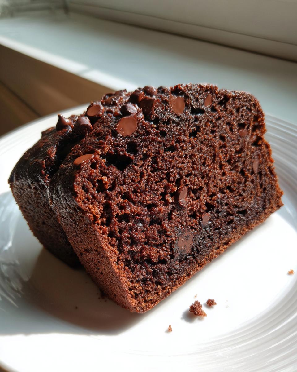 Two thick slices of rich, dark chocolate zucchini bread topped with melted chocolate chips on a white plate.