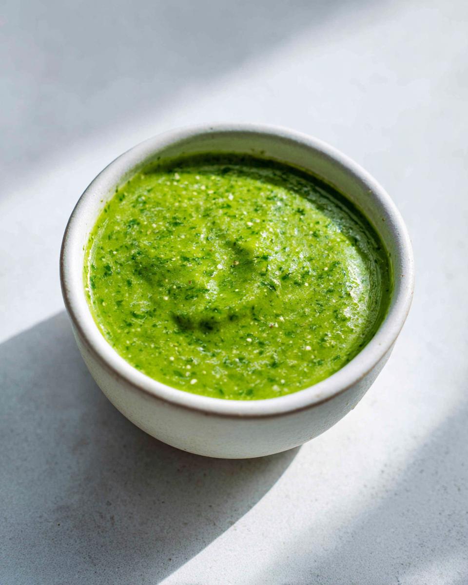Close-up of vibrant green cilantro lime sauce in a small white bowl, showing texture.