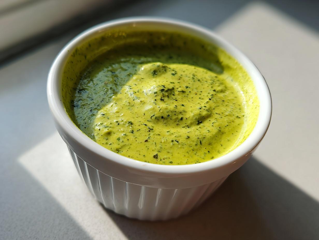 Close-up of vibrant green cilantro lime sauce, flecked with herbs, served in a small white fluted ramekin.