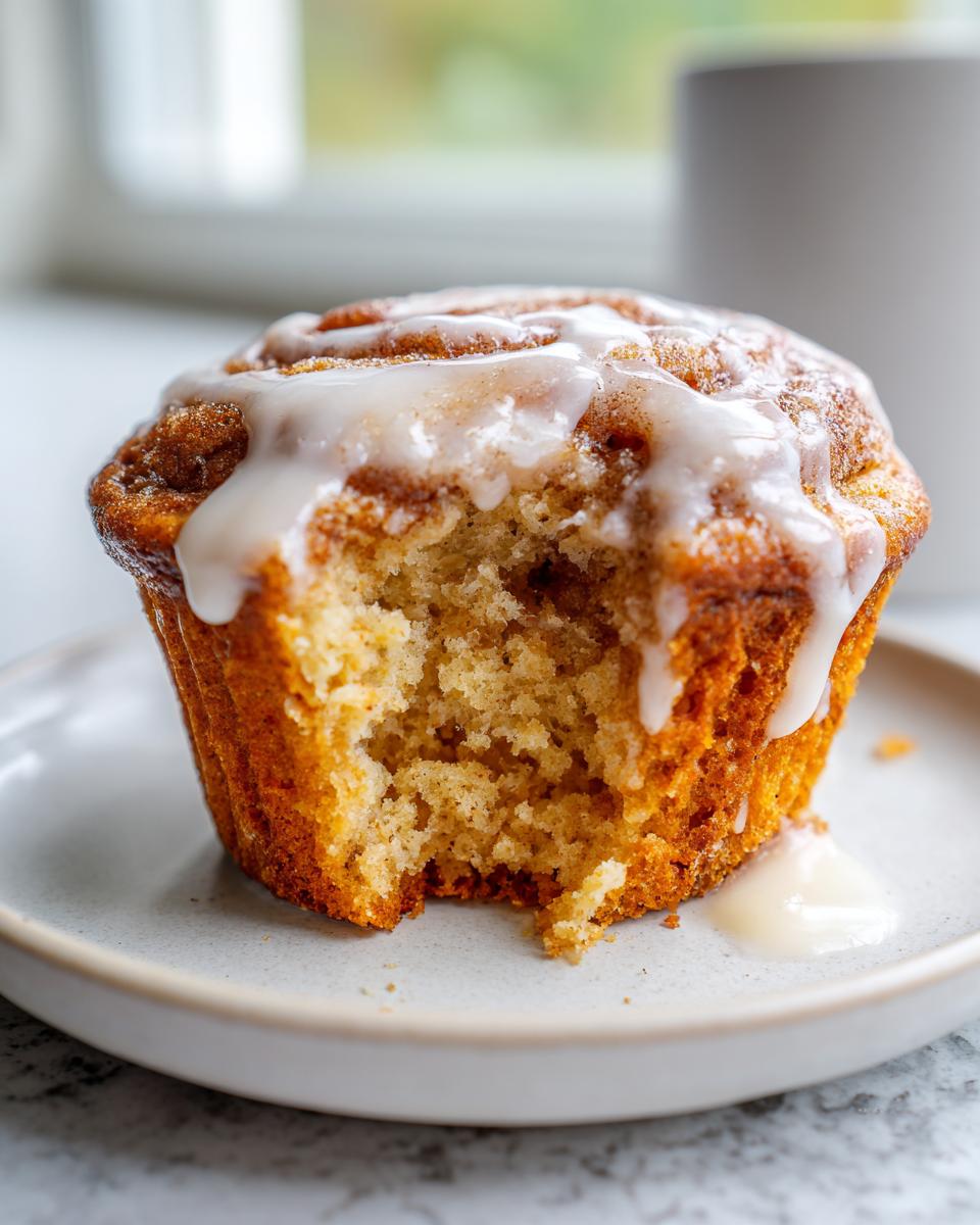 Close-up of a delicious cinnamon roll muffins with a bite taken out, showing the soft interior and dripping vanilla glaze.