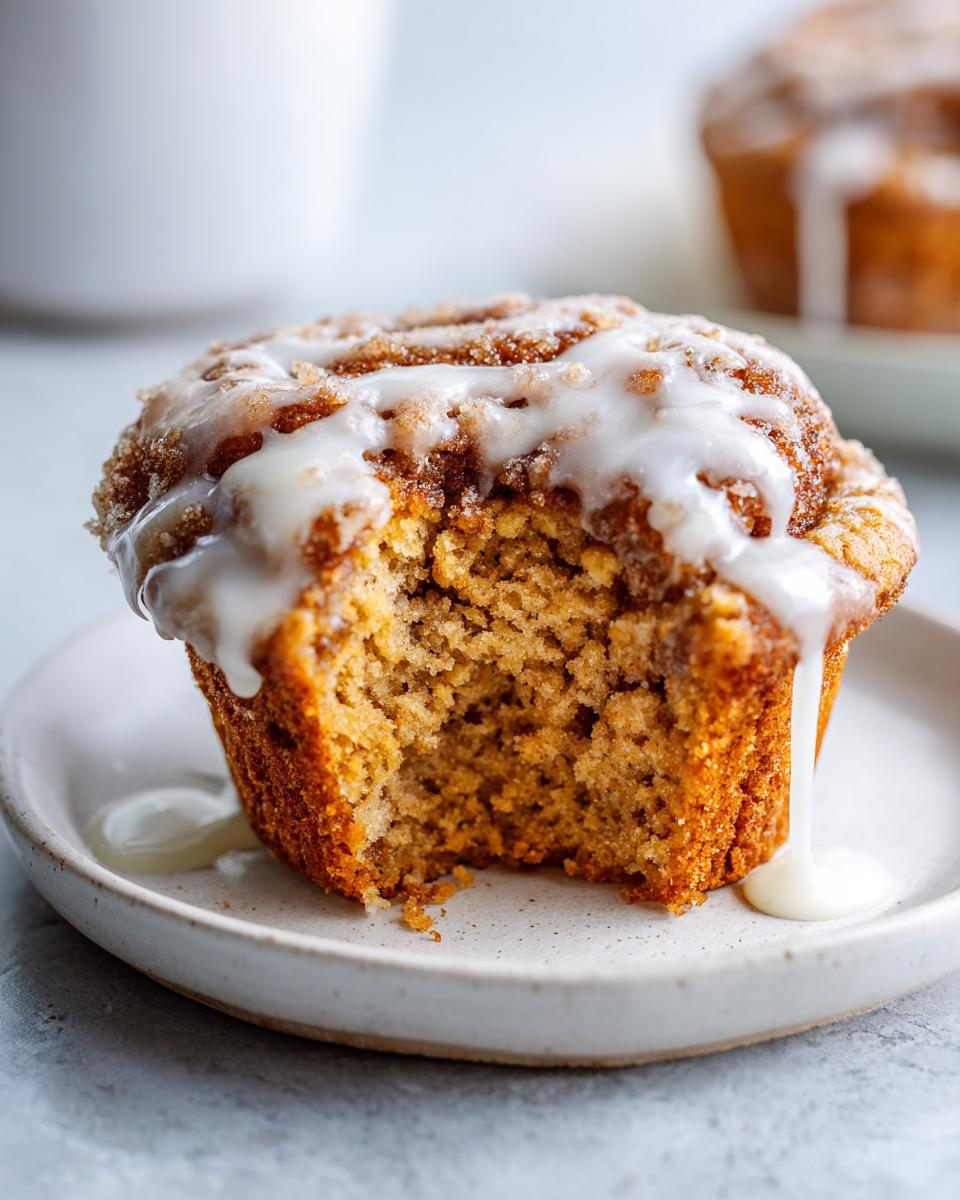 A bite taken out of a moist cinnamon roll muffin topped with brown sugar swirl and dripping vanilla glaze.