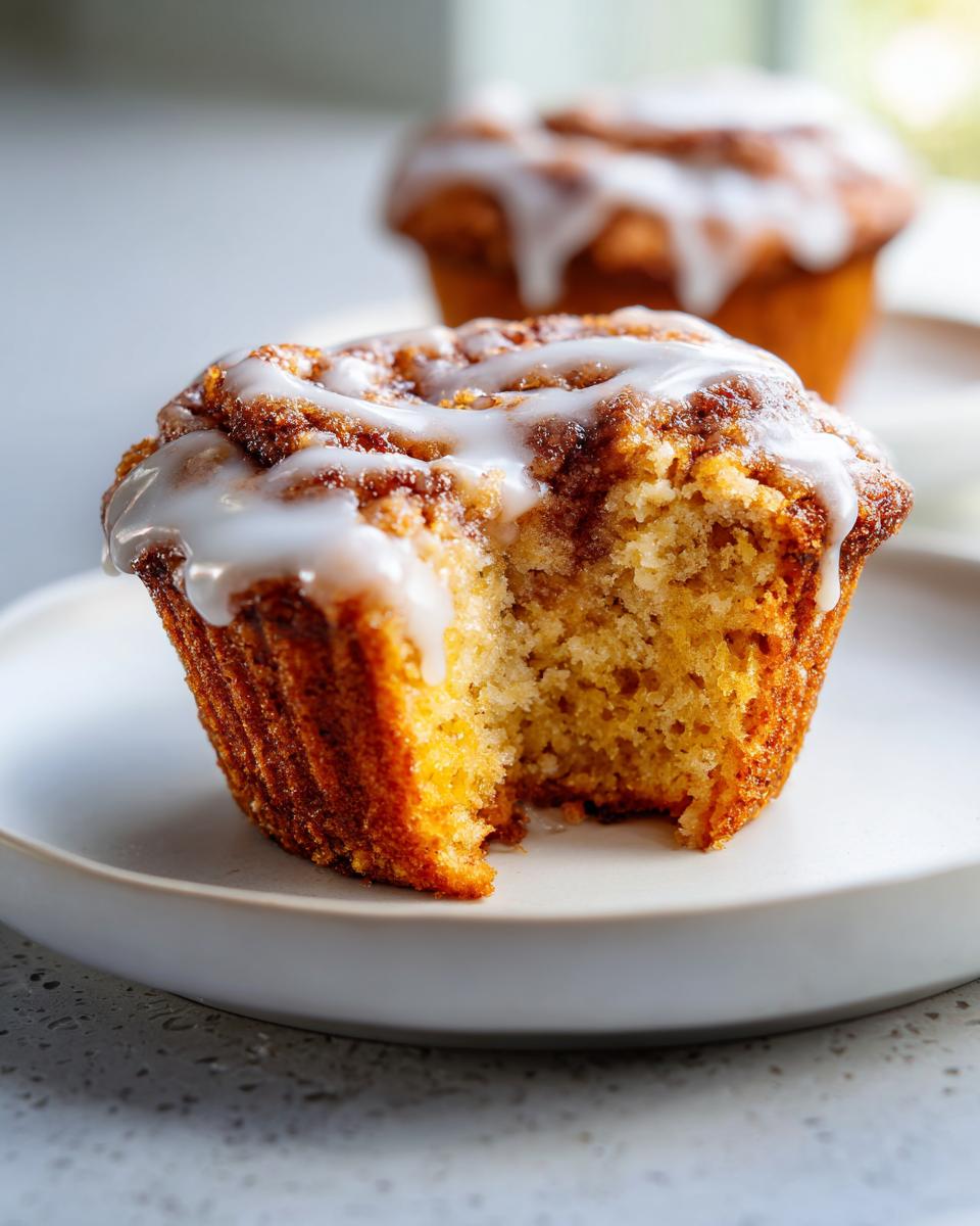 Close-up of a delicious cinnamon roll muffin with a bite taken out, drizzled with white icing.