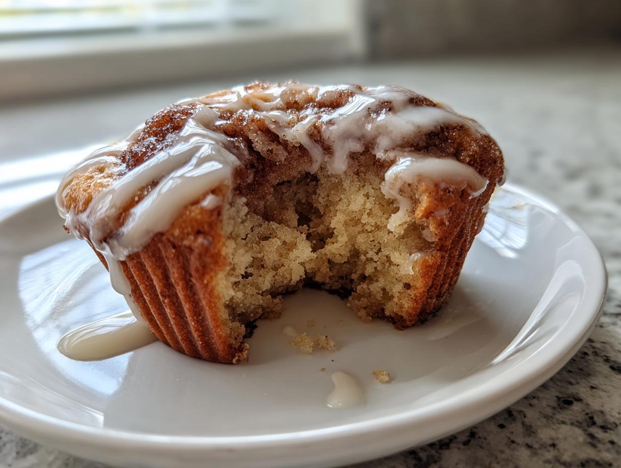 Close-up of a delicious cinnamon roll muffin with a bite taken out, drizzled with white icing.