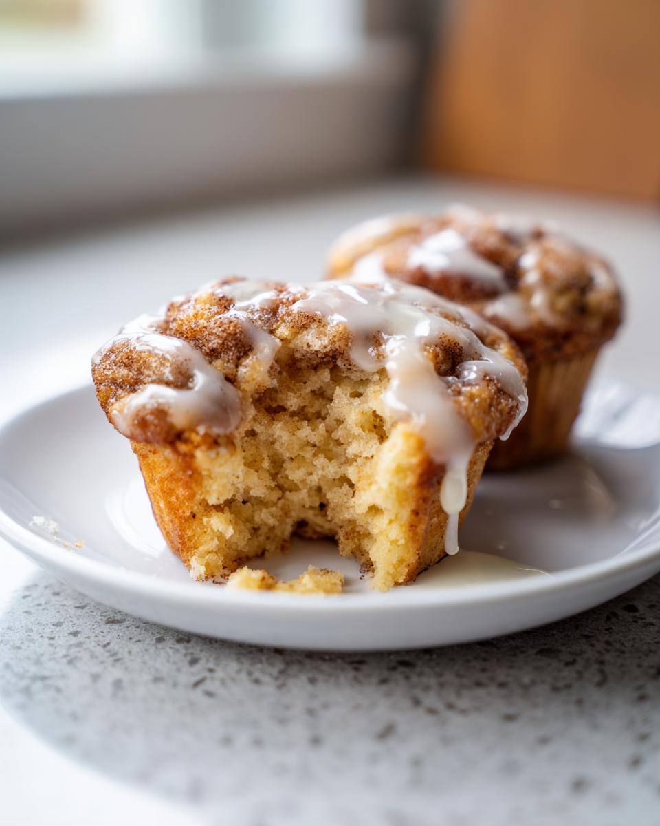 A delicious cinnamon roll muffin with a bite taken out, showing the soft interior and dripping vanilla glaze.