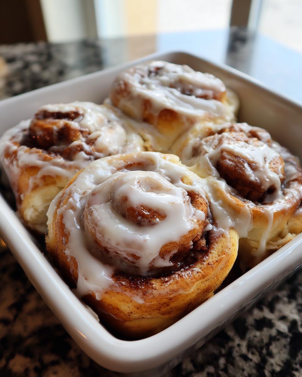 Four gooey, freshly baked cinnamon rolls recipe swirls topped with thick white icing in a white square dish.