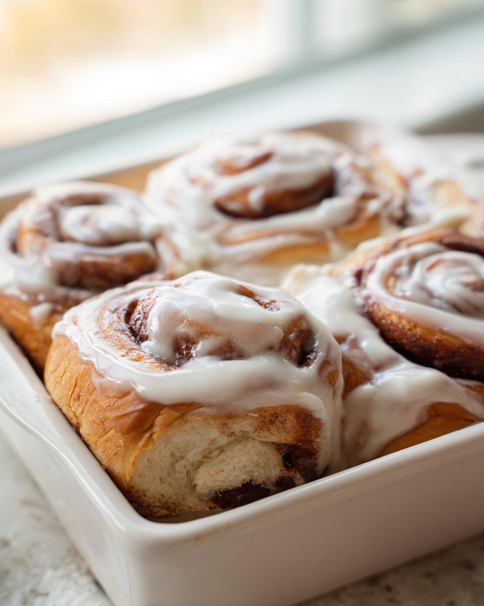 Close-up of freshly baked cinnamon rolls recipe topped with thick white icing in a white baking dish.