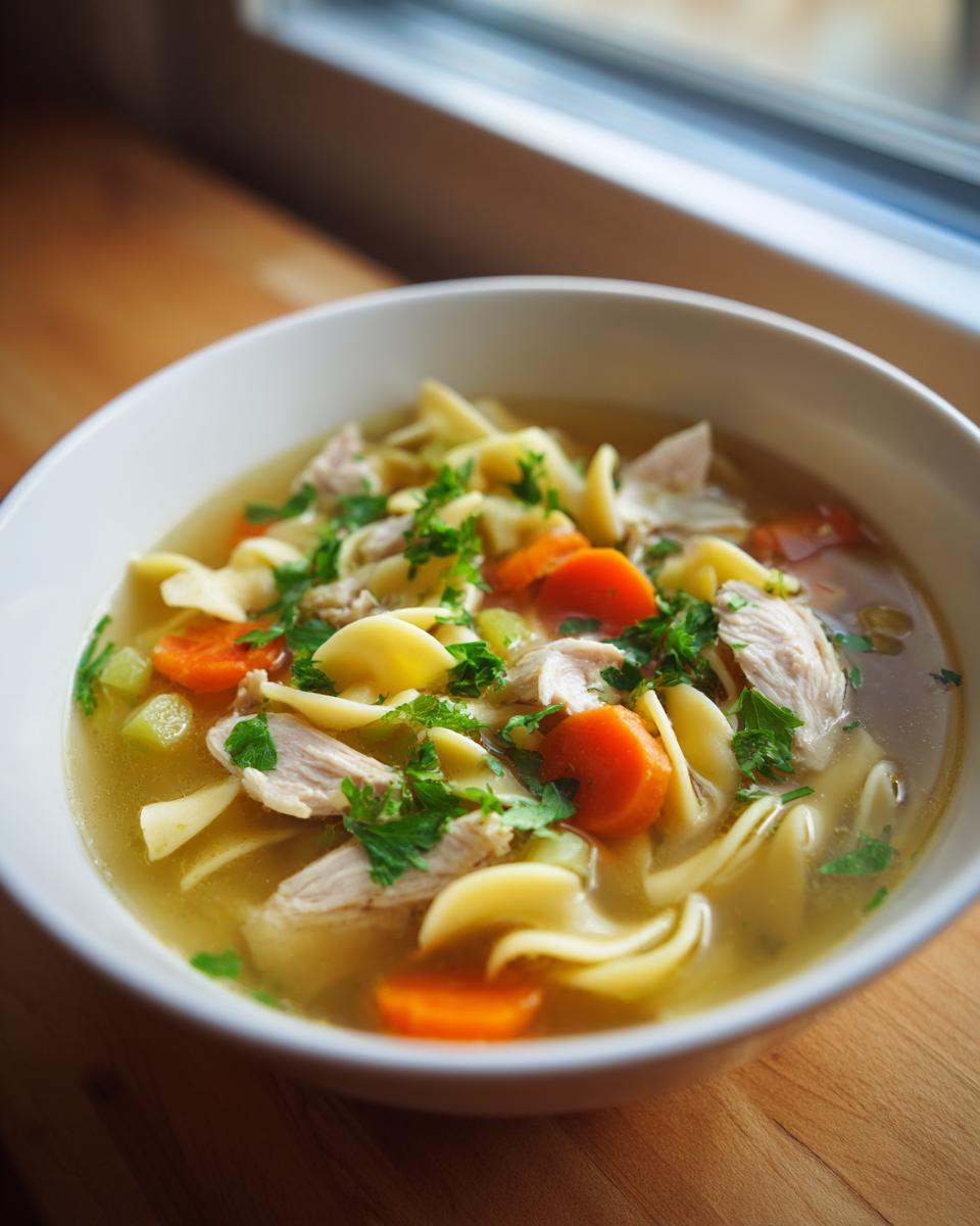 Close-up of a white bowl filled with homemade chicken noodle soup, featuring broth, egg noodles, carrots, and shredded chicken.