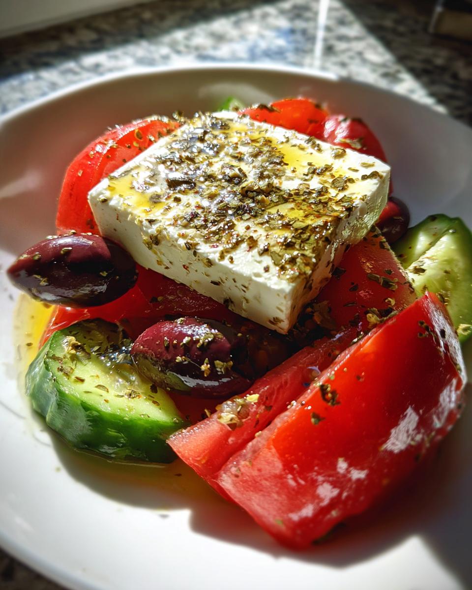 Close-up of a vibrant greek salad featuring a large block of feta cheese drizzled with oil and herbs, surrounded by tomatoes, cucumbers, and Kalamata olives.