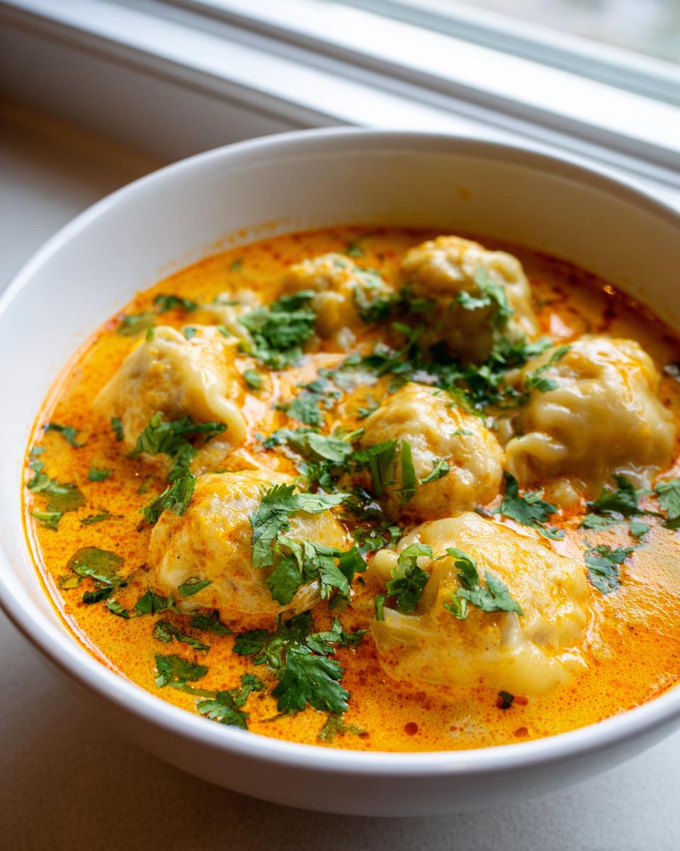 Close-up of a white bowl filled with rich, orange coconut curry soup and several dumplings, topped with fresh cilantro.