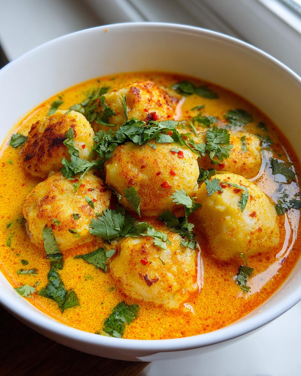 Close-up of golden dumplings submerged in a rich, orange coconut curry soup, garnished with fresh cilantro.