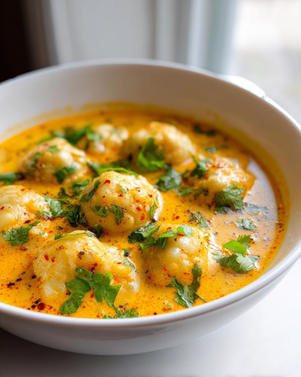 Close-up of creamy coconut curry soup with dumplings, garnished with fresh cilantro.