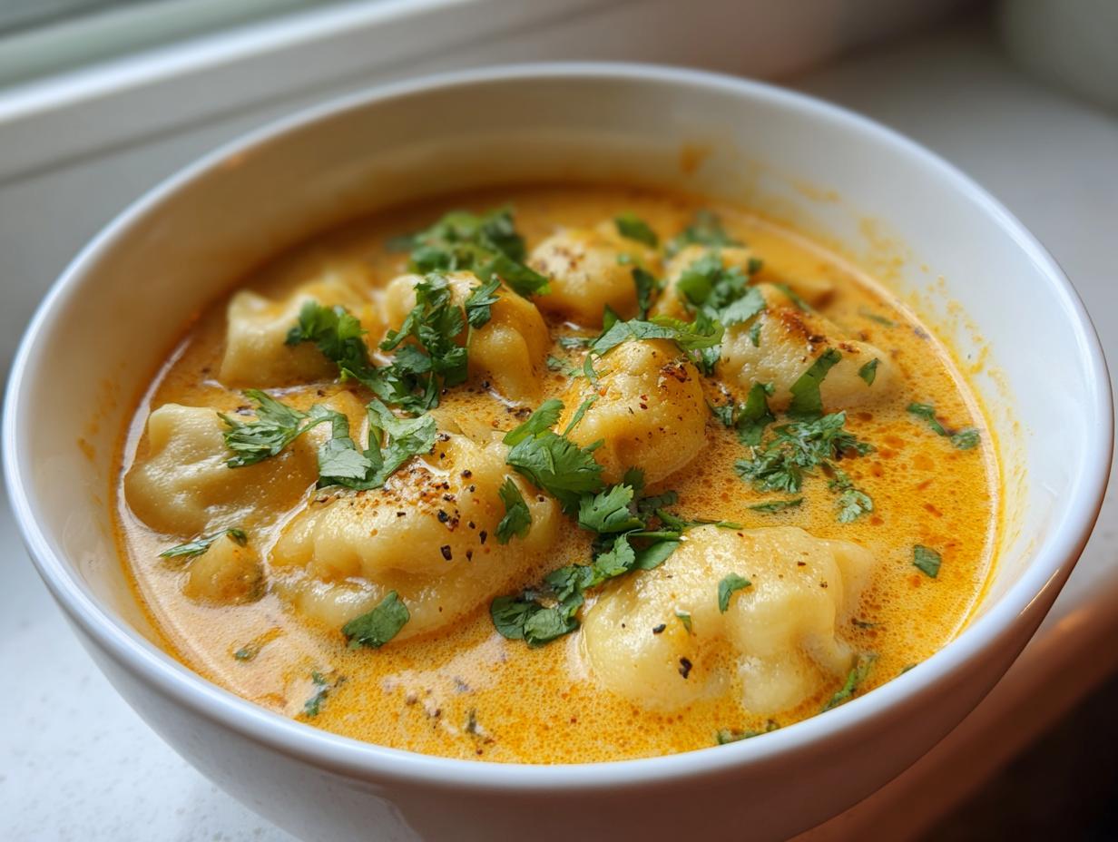 A close-up of a white bowl filled with creamy, orange coconut curry soup featuring soft dumplings and fresh cilantro.