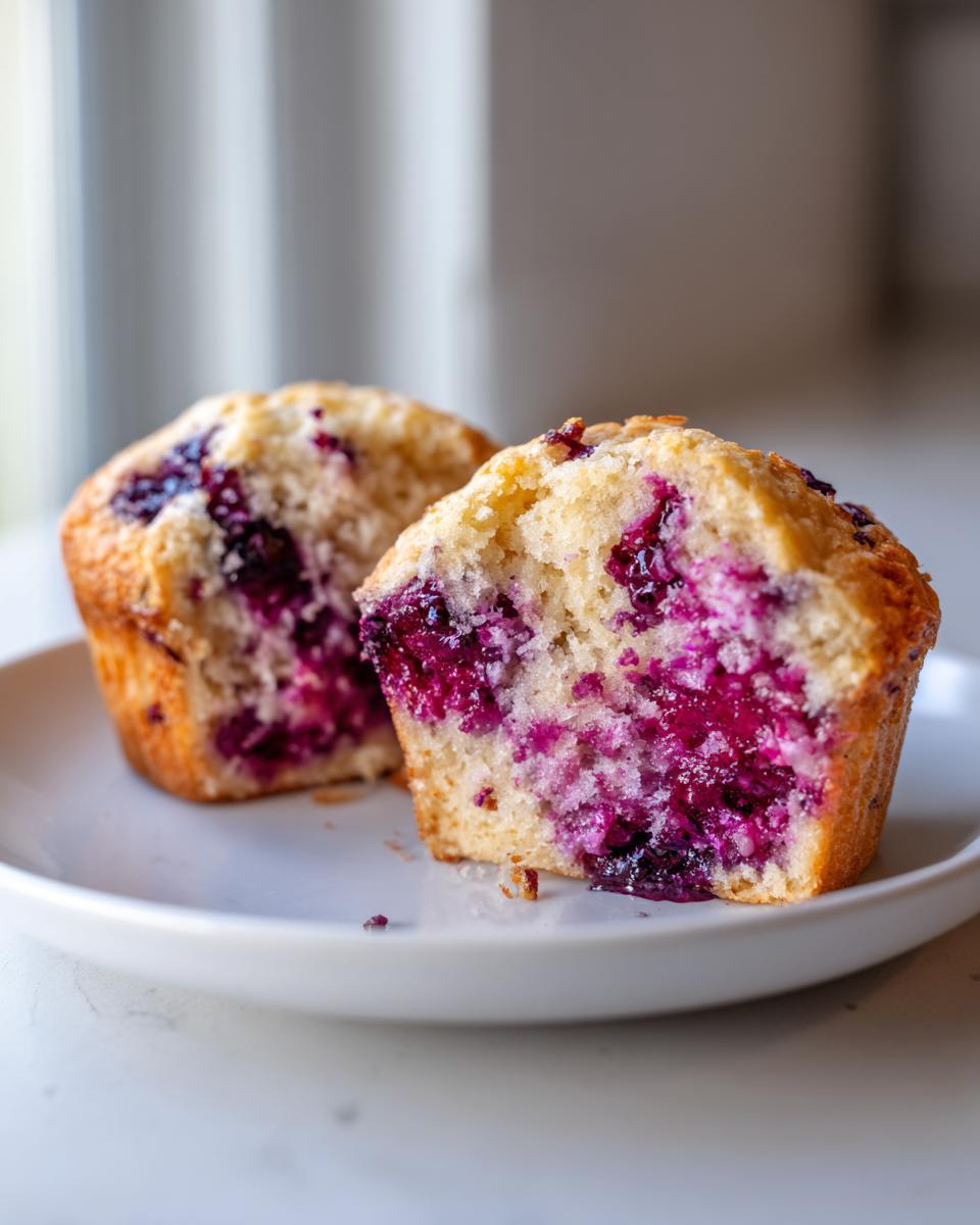 Close-up of a cottage cheese blueberry muffin cut in half, showing the moist interior and vibrant purple berries.