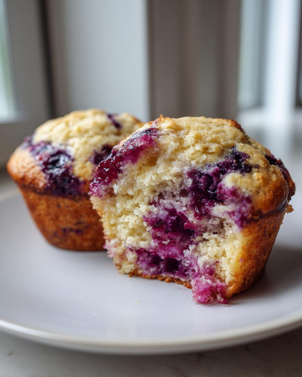 Close-up of a cottage cheese blueberry muffin cut in half showing the moist, purple-filled interior.