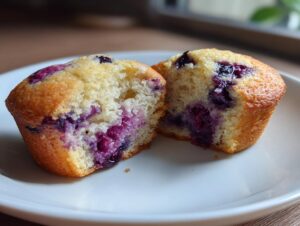 A cottage cheese blueberry muffin cut in half showing the moist interior and burst blueberries.