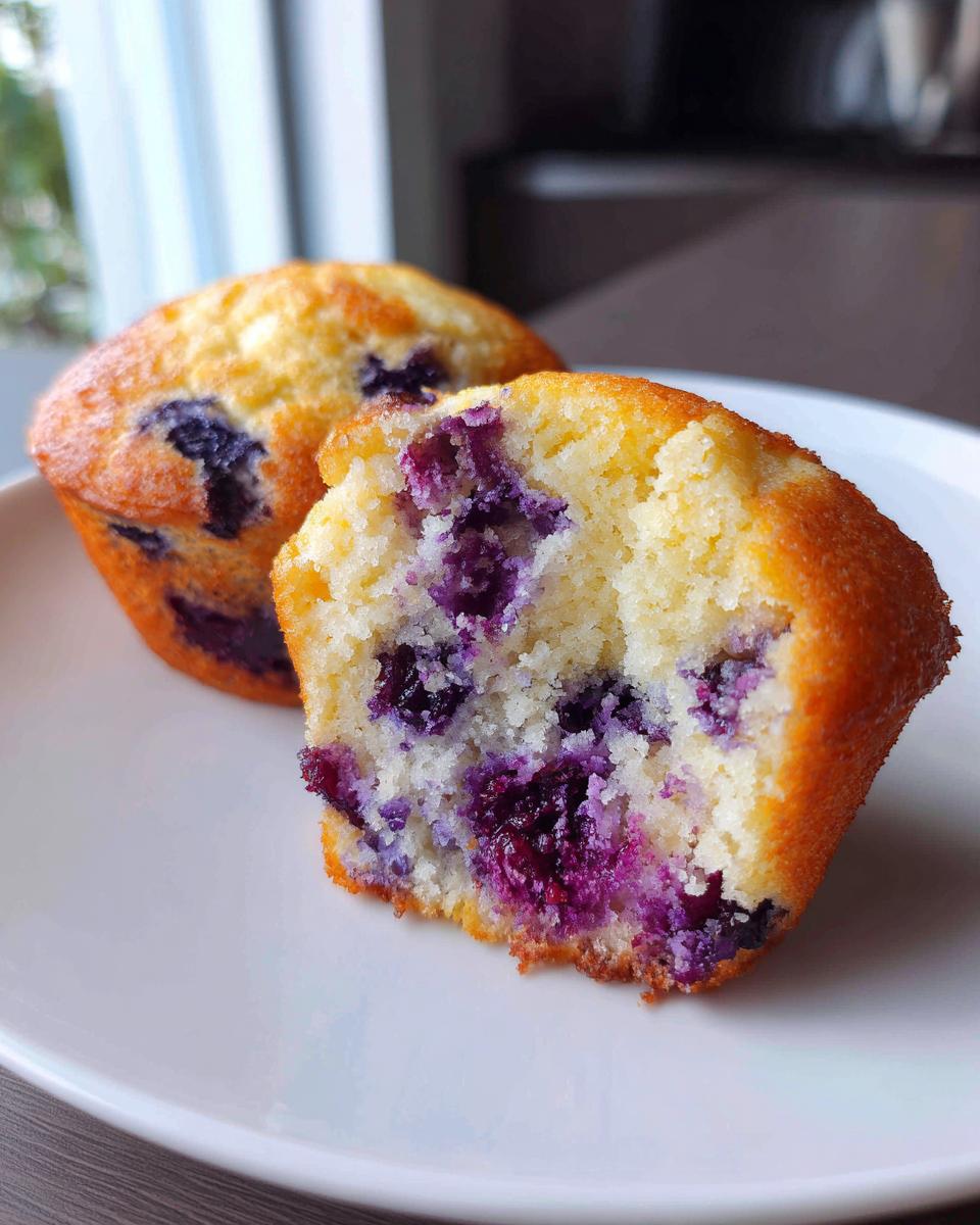 Close-up of a cottage cheese blueberry muffin cut in half showing the moist, berry-filled interior.