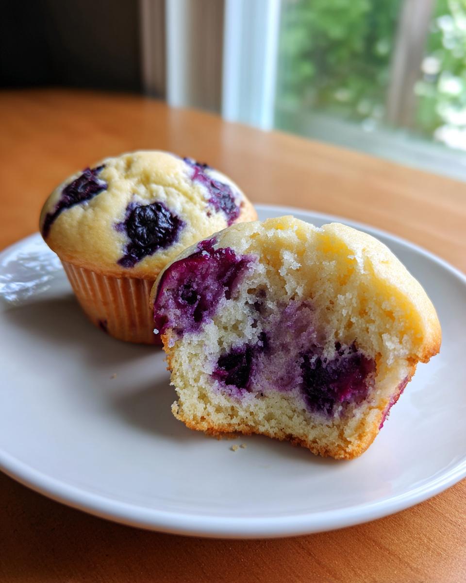Close-up of moist cottage cheese blueberry muffins, one broken open showing the fluffy interior and burst blueberries.