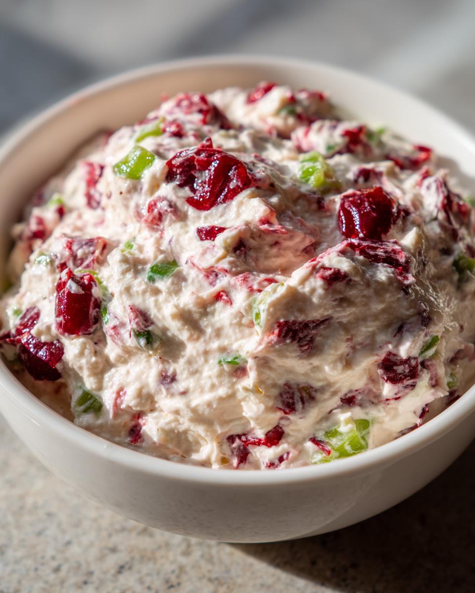A close-up view of the thick, creamy cranberry jalapeno cream cheese dip mixed with bright red cranberries and green jalapeno pieces.