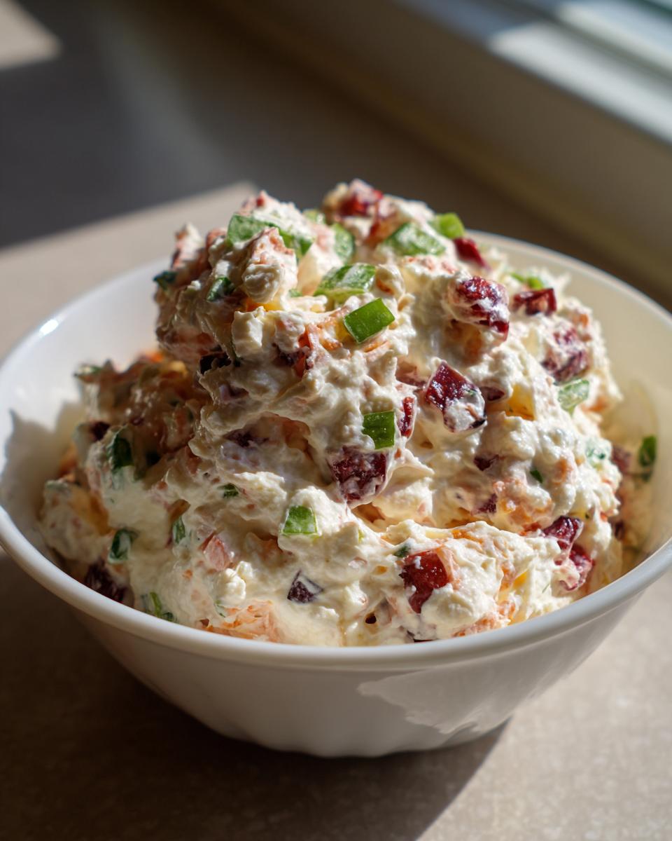 A white bowl filled with creamy cranberry jalapeno cream cheese dip, topped with green onions and visible cranberry pieces.