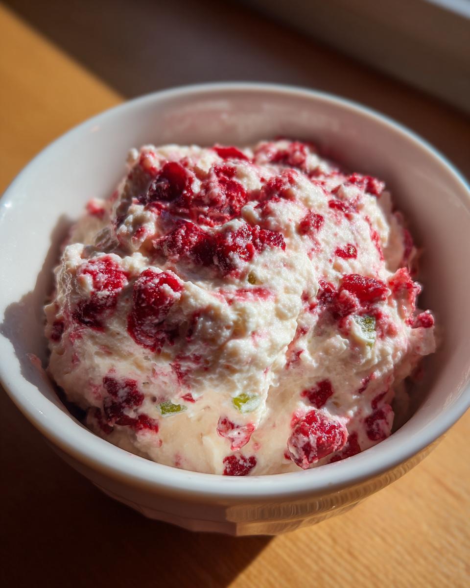 A close-up view of thick cranberry jalapeno cream cheese dip mixed with bright red cranberries in a white bowl.