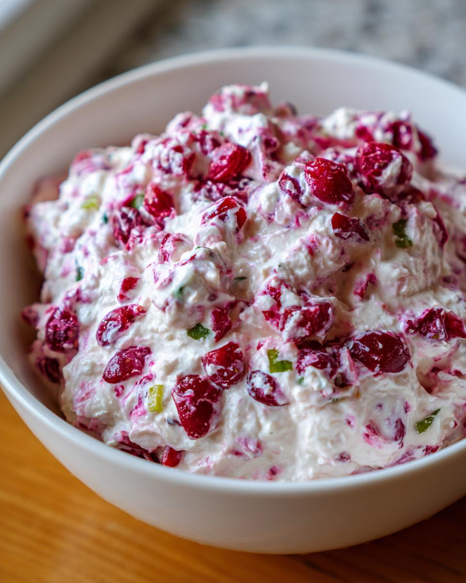 A close-up view of a white bowl filled with thick cranberry jalapeno cream cheese dip, featuring visible cranberries and green specks.
