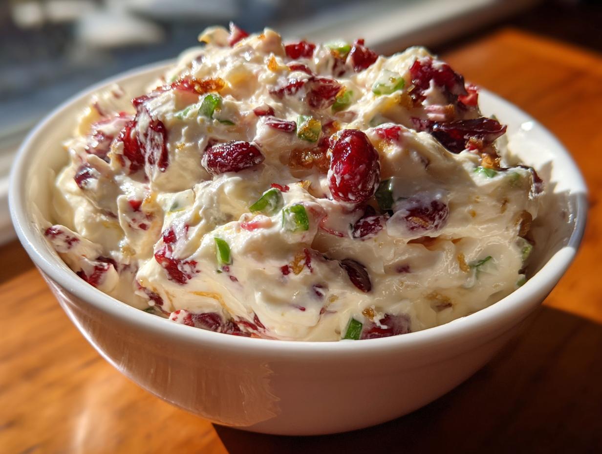 A close-up shot of a white bowl filled with creamy cranberry jalapeno cream cheese dip, featuring red cranberries and green peppers.