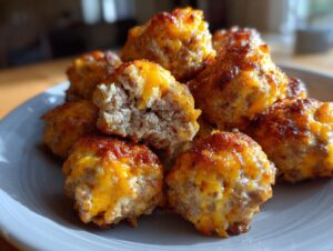 A close-up of freshly baked cream cheese sausage balls piled on a light gray plate, showing melted cheddar cheese.