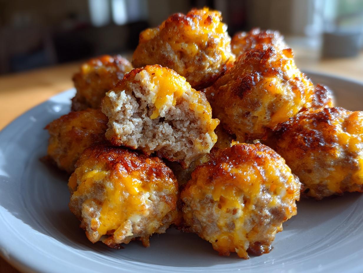 A close-up of freshly baked cream cheese sausage balls piled on a light gray plate, showing melted cheddar cheese.