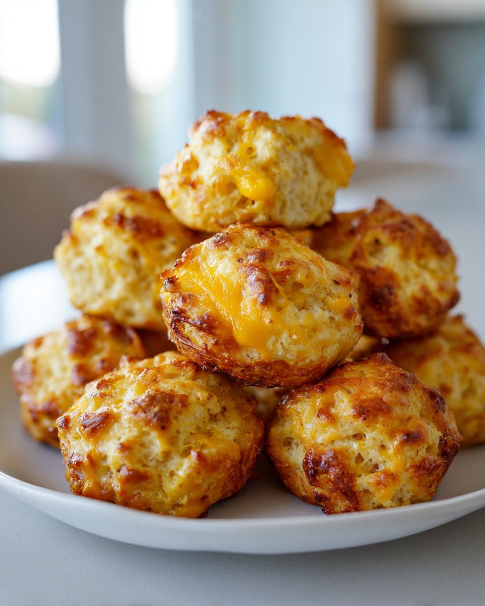 A stack of freshly baked, golden brown cream cheese sausage balls with melted cheddar cheese visible.