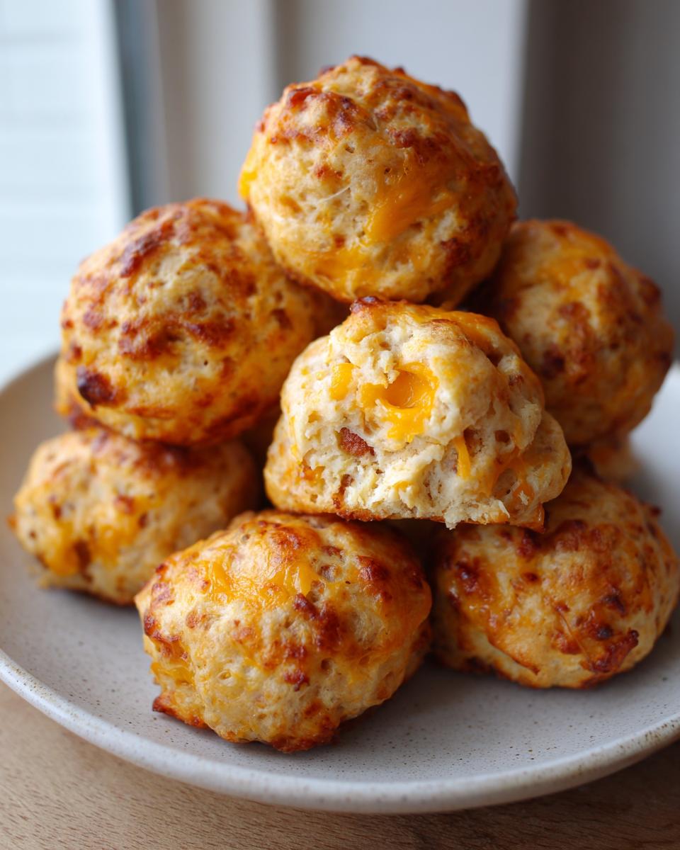A stack of freshly baked cream cheese sausage balls with melted cheddar cheese visible.