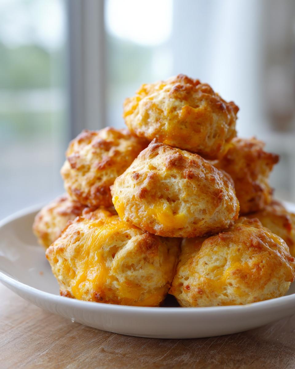 A stack of freshly baked, golden cream cheese sausage balls with melted cheddar cheese visible.