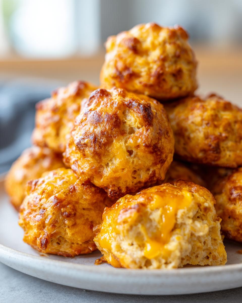 A stack of golden brown, cheesy cream cheese sausage balls, with one broken open showing melted cheese inside.