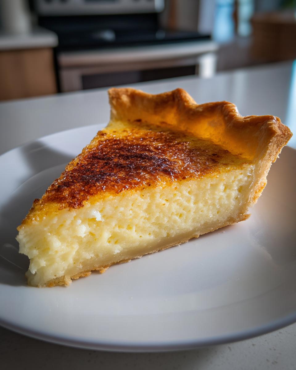 A close-up slice of creamy buttermilk pie showing the textured filling and golden, slightly caramelized top crust.