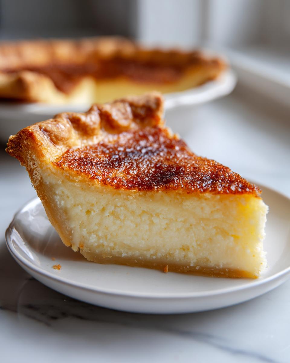 A close-up of a slice of buttermilk pie on a white plate, showing the creamy filling and caramelized sugar crust.