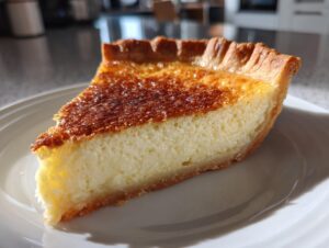 A close-up slice of creamy buttermilk pie showing a golden-brown, caramelized top crust.