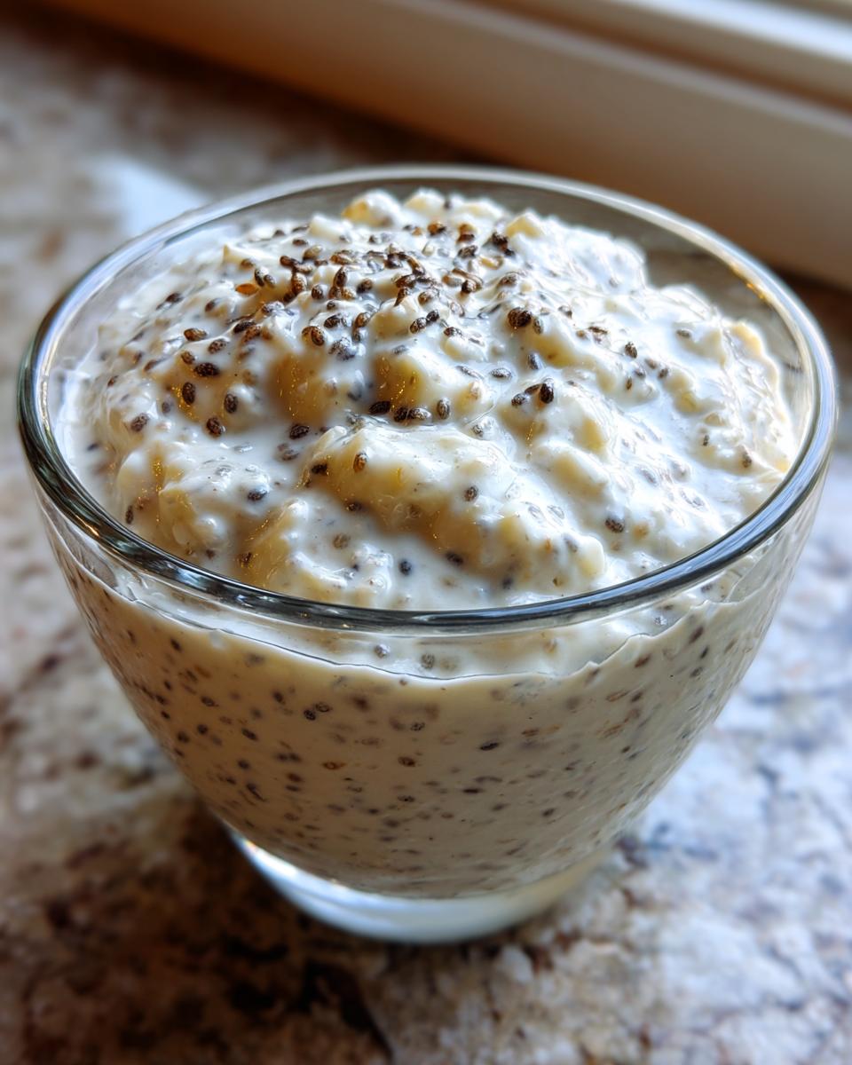 Close-up of creamy chia seed pudding topped with extra chia seeds in a clear glass bowl.