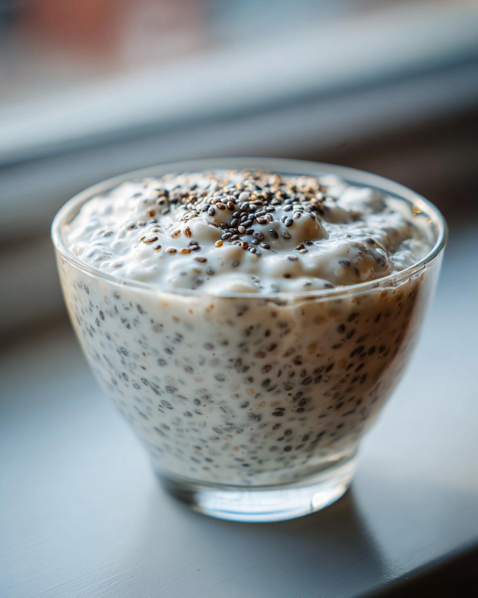 Close-up of creamy chia seed pudding in a glass, topped with extra chia seeds.