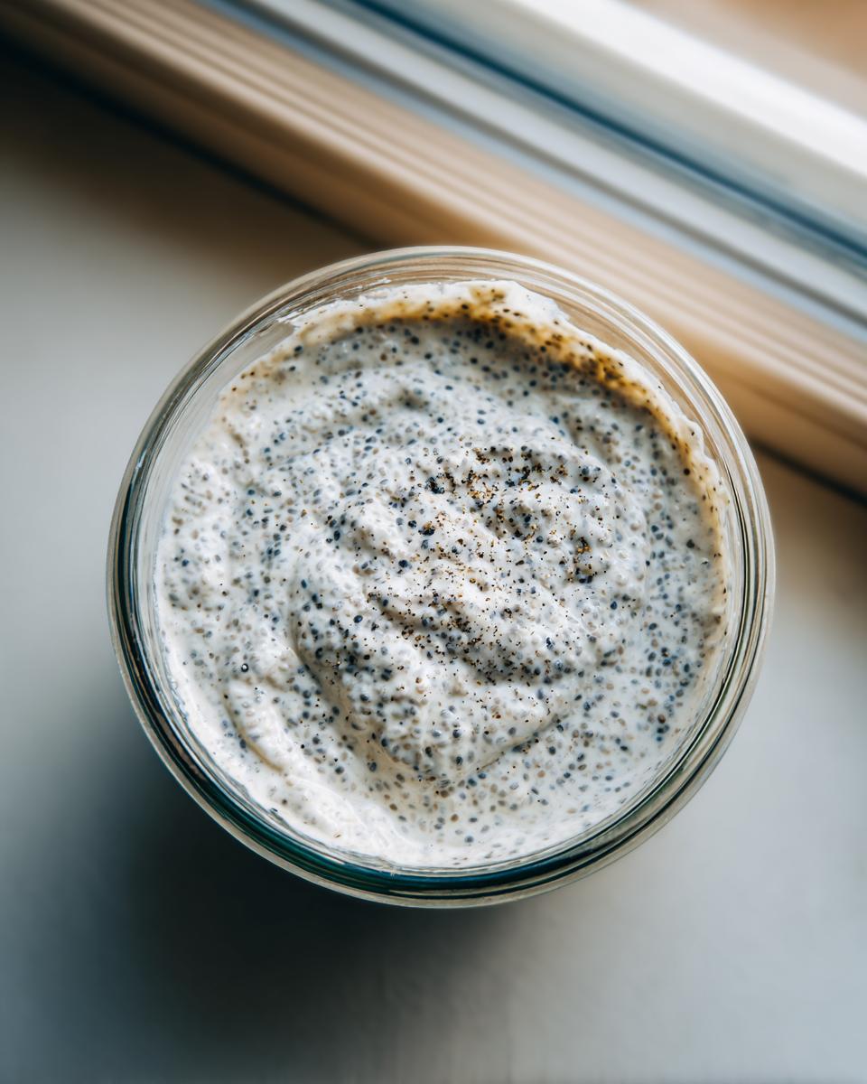 Overhead close-up of creamy, thick chia seed pudding texture filled with dark chia seeds in a glass jar.