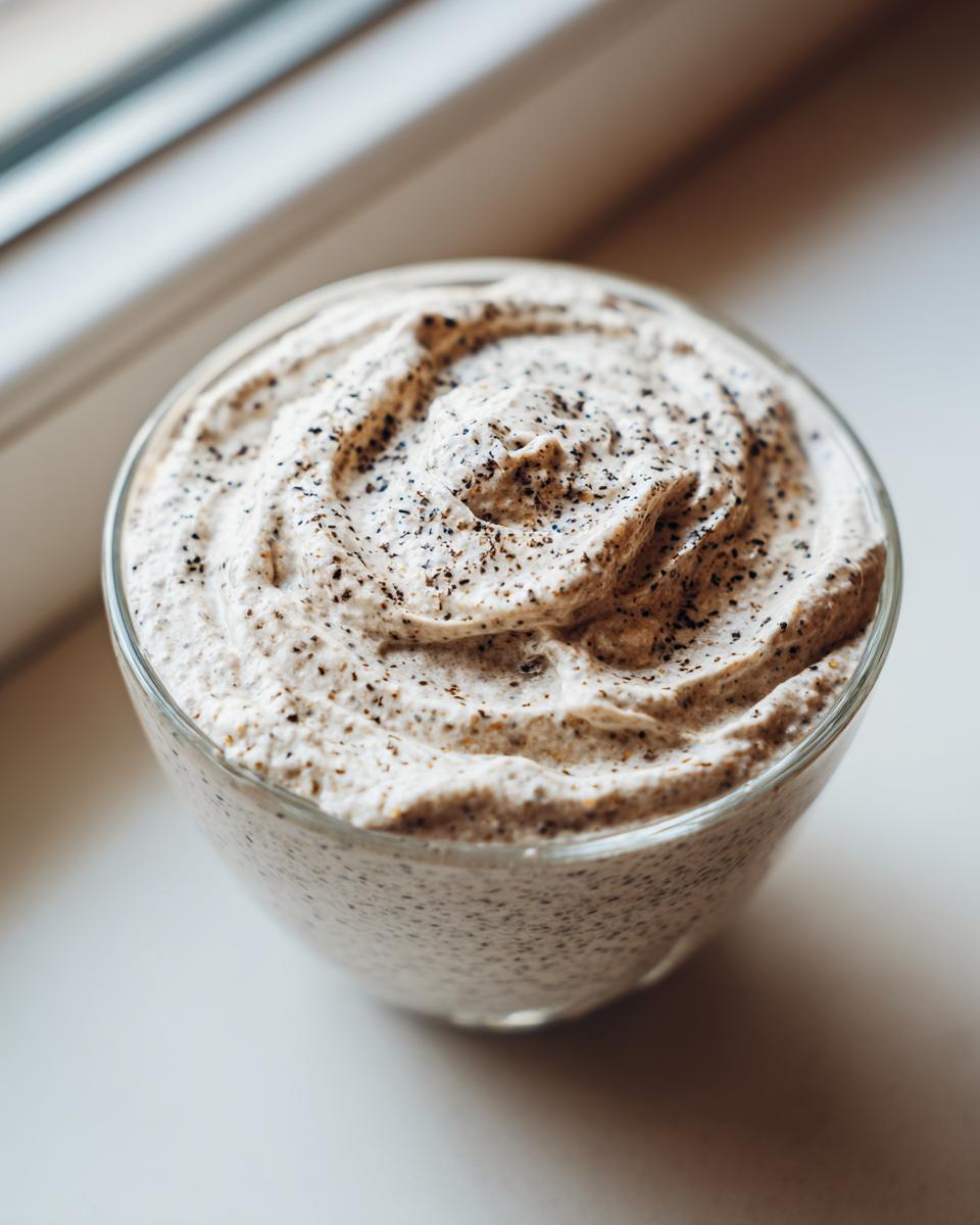 Close-up of creamy chia seed pudding in a glass bowl, topped with dark specks.